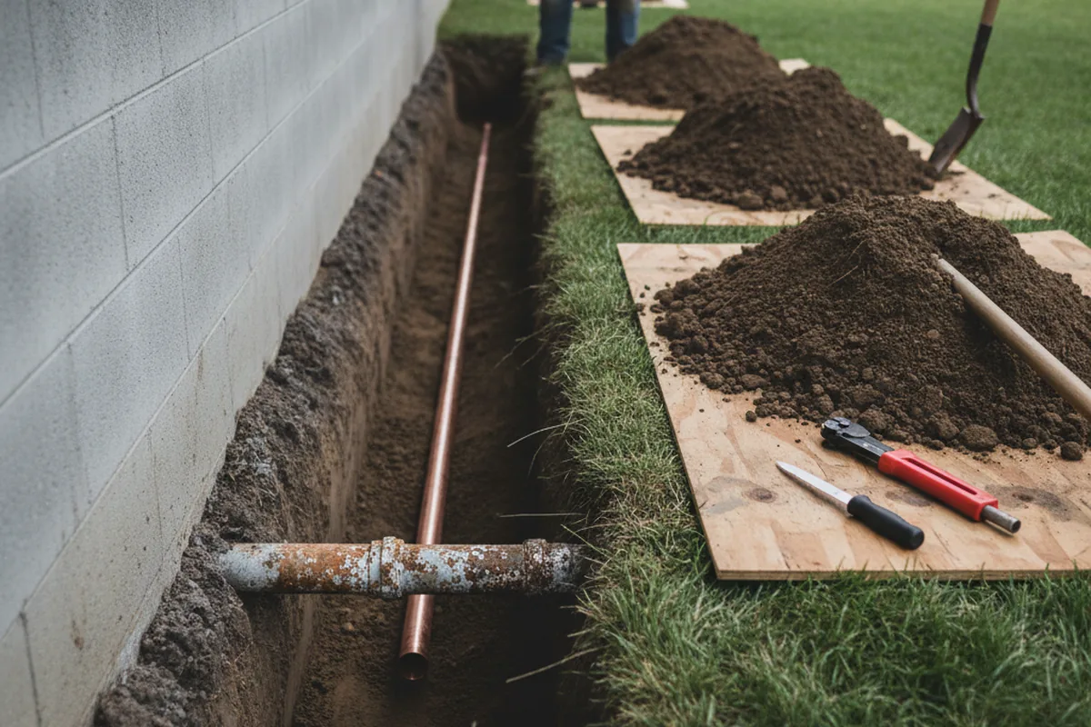 Excavated water line trench during Sewer Line Repair in Peck